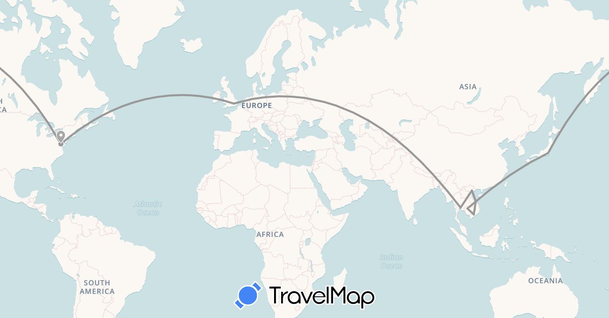 TravelMap itinerary: driving, plane in United Kingdom, Japan, Cambodia, Thailand, United States, Vietnam (Asia, Europe, North America)